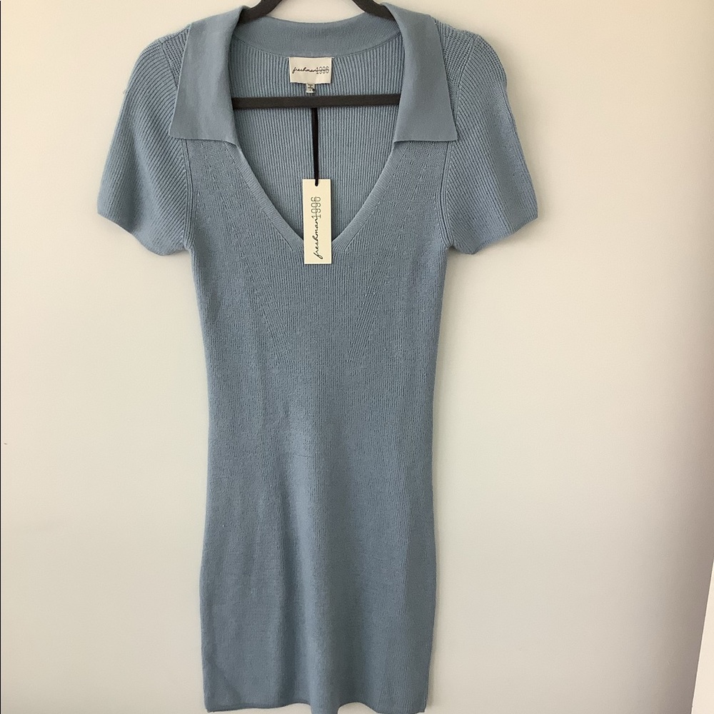 freshman 1996 Blue Bodycon dress V-neck with Collar Size Large